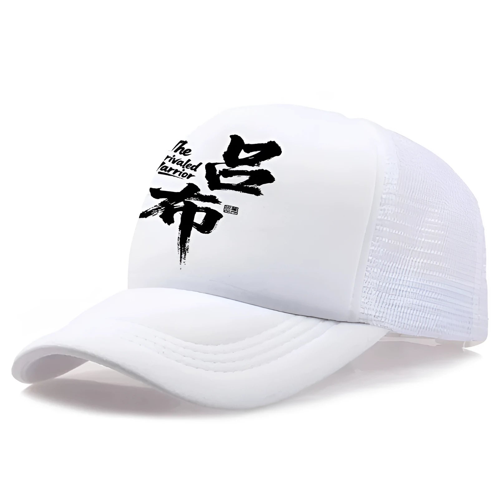 Men's white polyester baseball cap shown from the side.