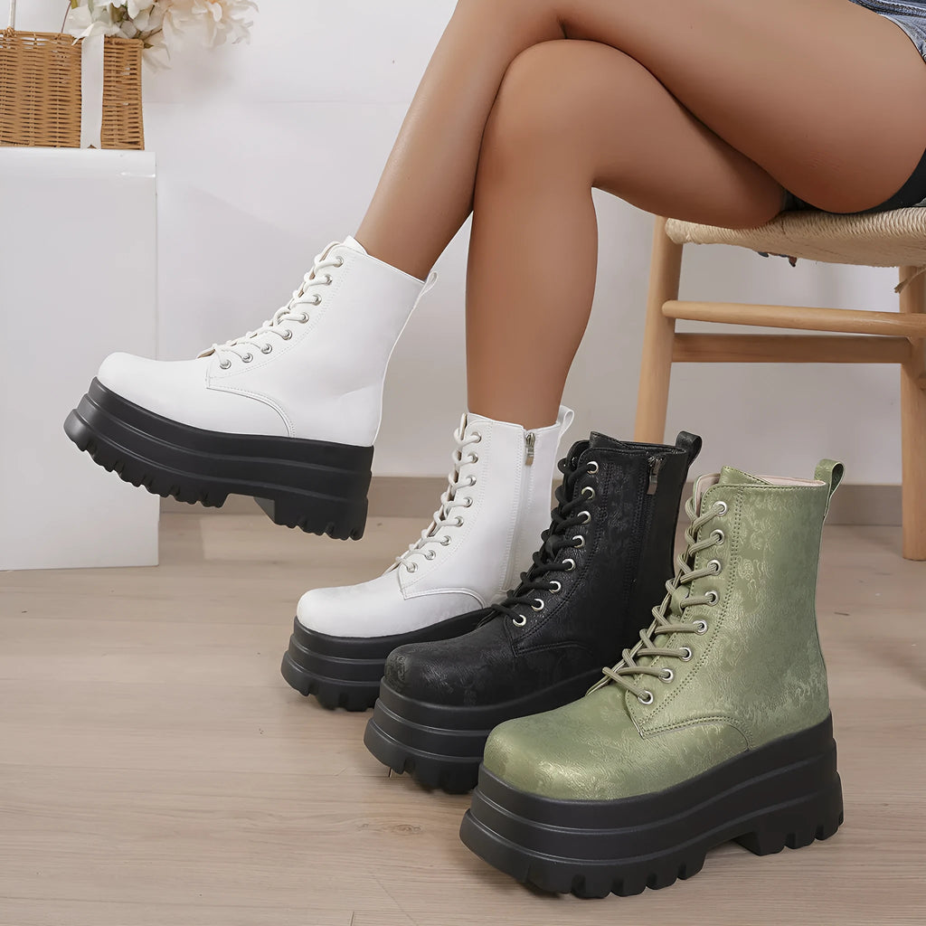 Women's black retro platform ankle boots with patchwork design and chunky heel