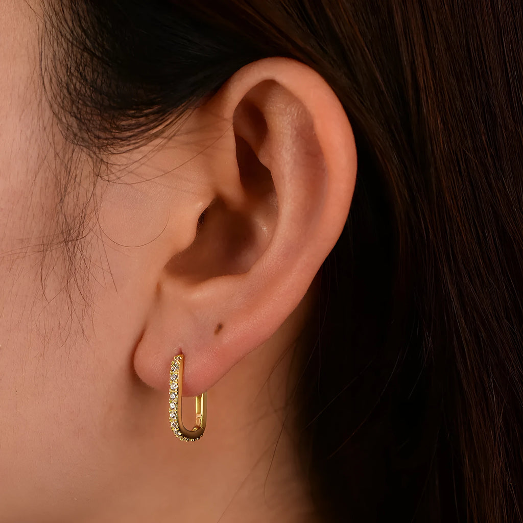 S925 sterling silver oval zircon ear clip earrings with geometric European design in white or yellow colour