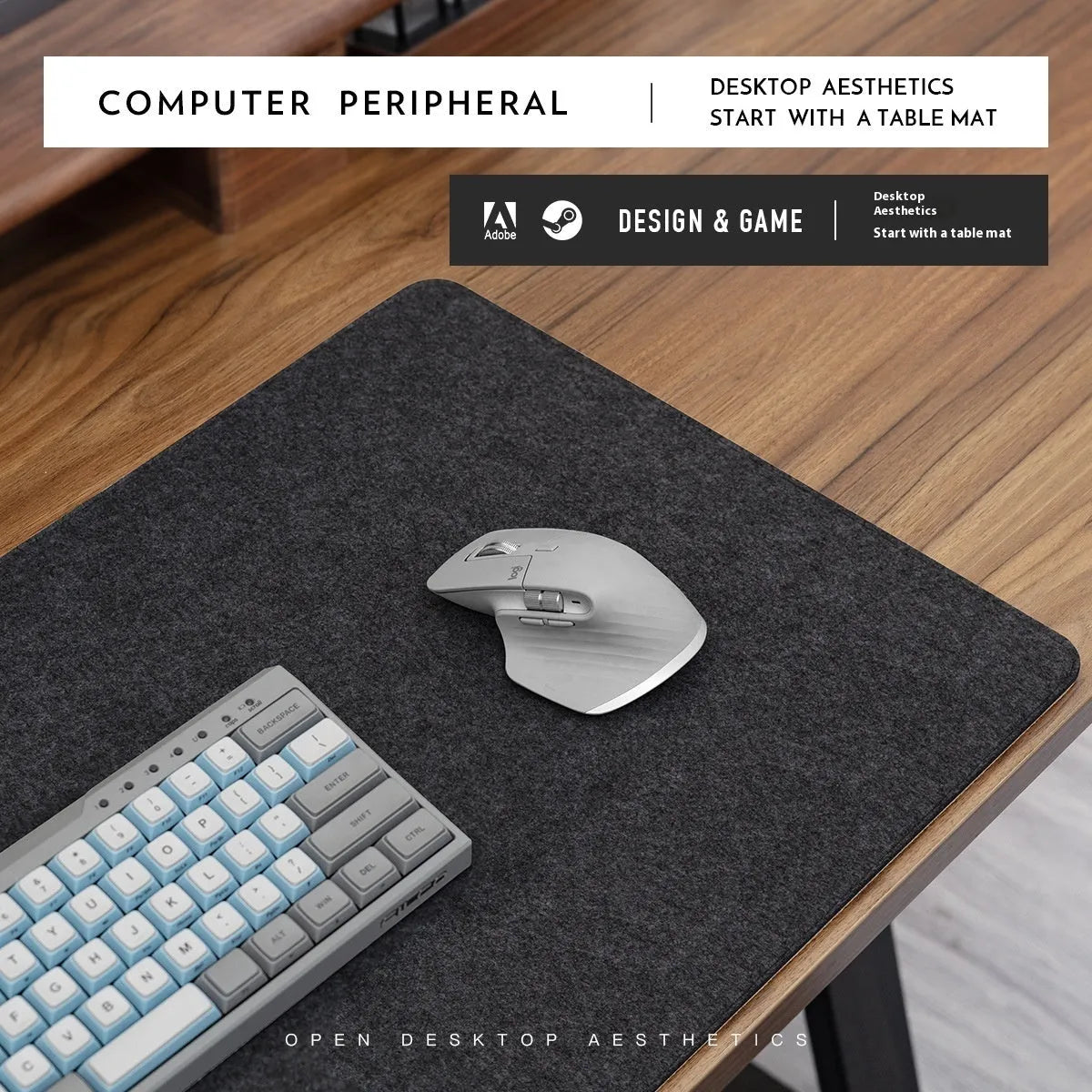 Oversized felt cork desk mouse mat in Japanese simple style with black gray pattern