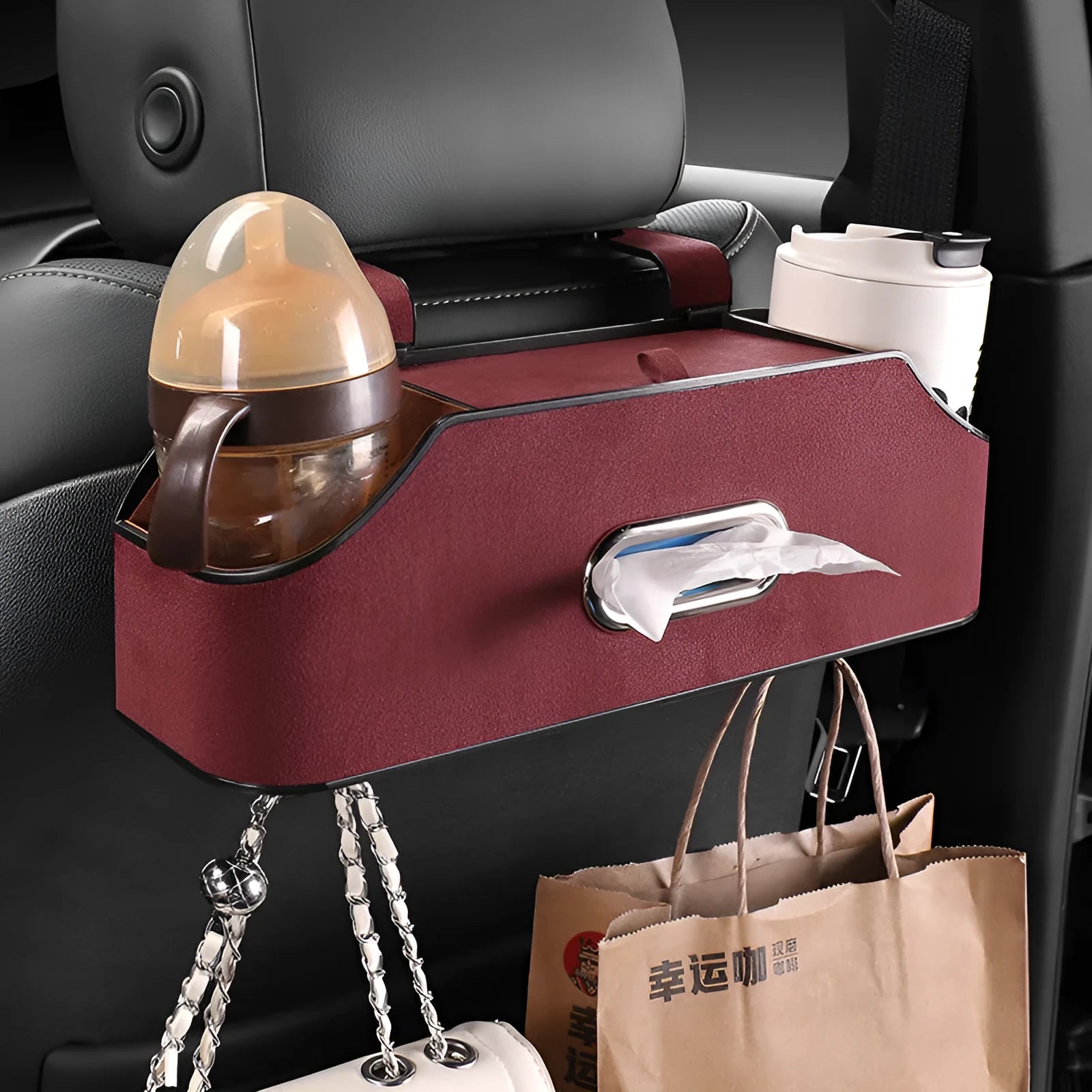 Genuine leather car tissue box holder with suspended mounting in multiple colour options