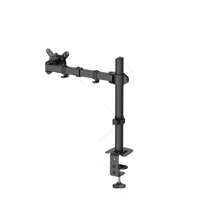 Steel computer monitor lifting rotating bracket arm supporting a screen on a desk