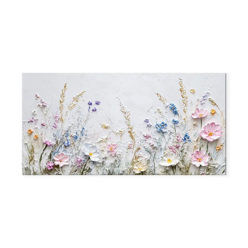 Handmade oil painting canvas wall art with 3D palette knife flowers, modern horizontal design, frameless and unstretched