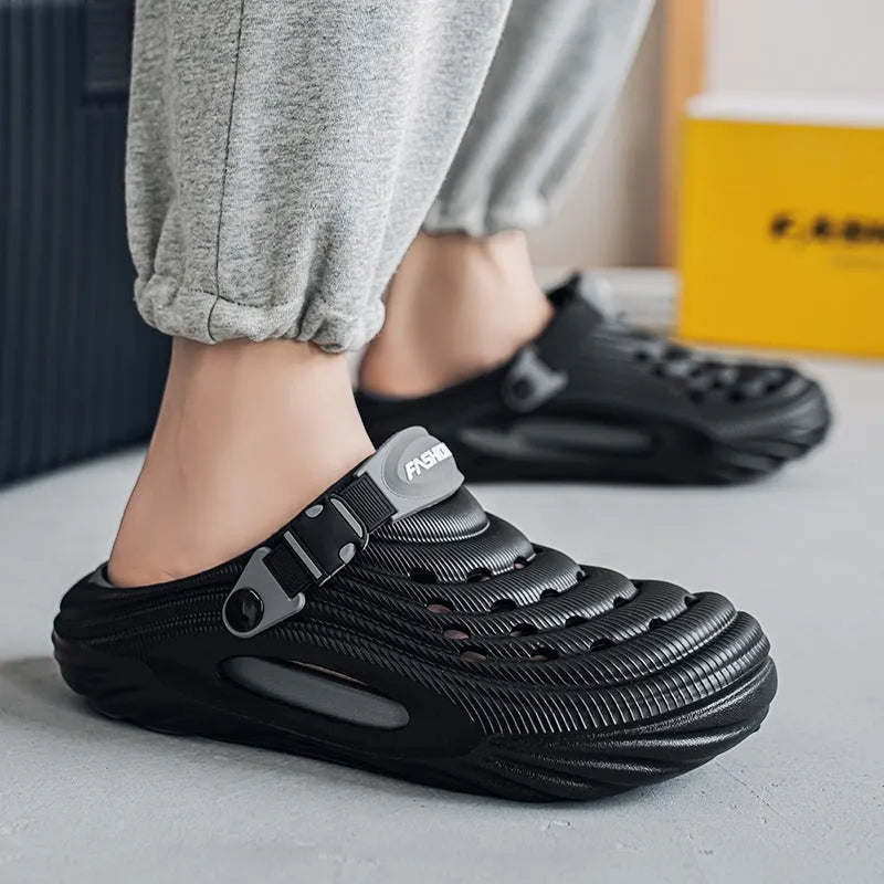Men's black EVA casual slippers with hollow out pattern and platform sole