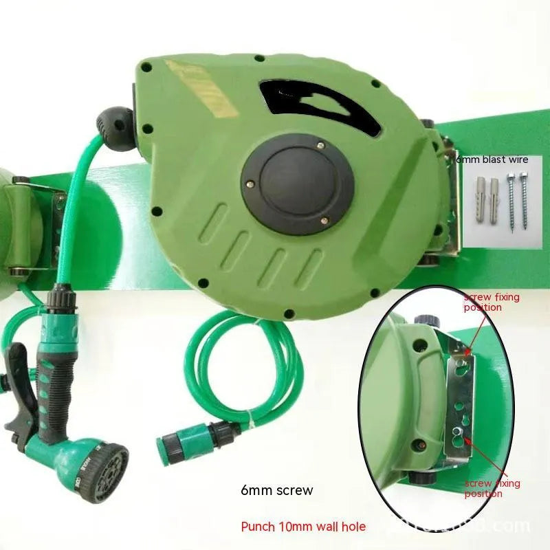 Automatic retractable hose reel with 10 metre PVC water pipe in compact drum housing for car washing and gardening