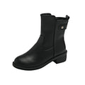 Black women's low heel boots with side zip and round toe on a white background.