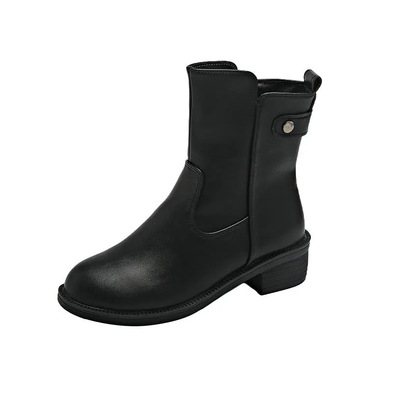 Black women's low heel boots with side zip and round toe on a white background.