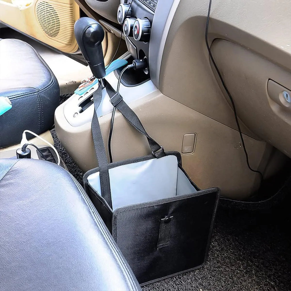 Black folding car trash can made from waterproof Oxford cloth with hanging strap and 22x14.5x22cm dimensions