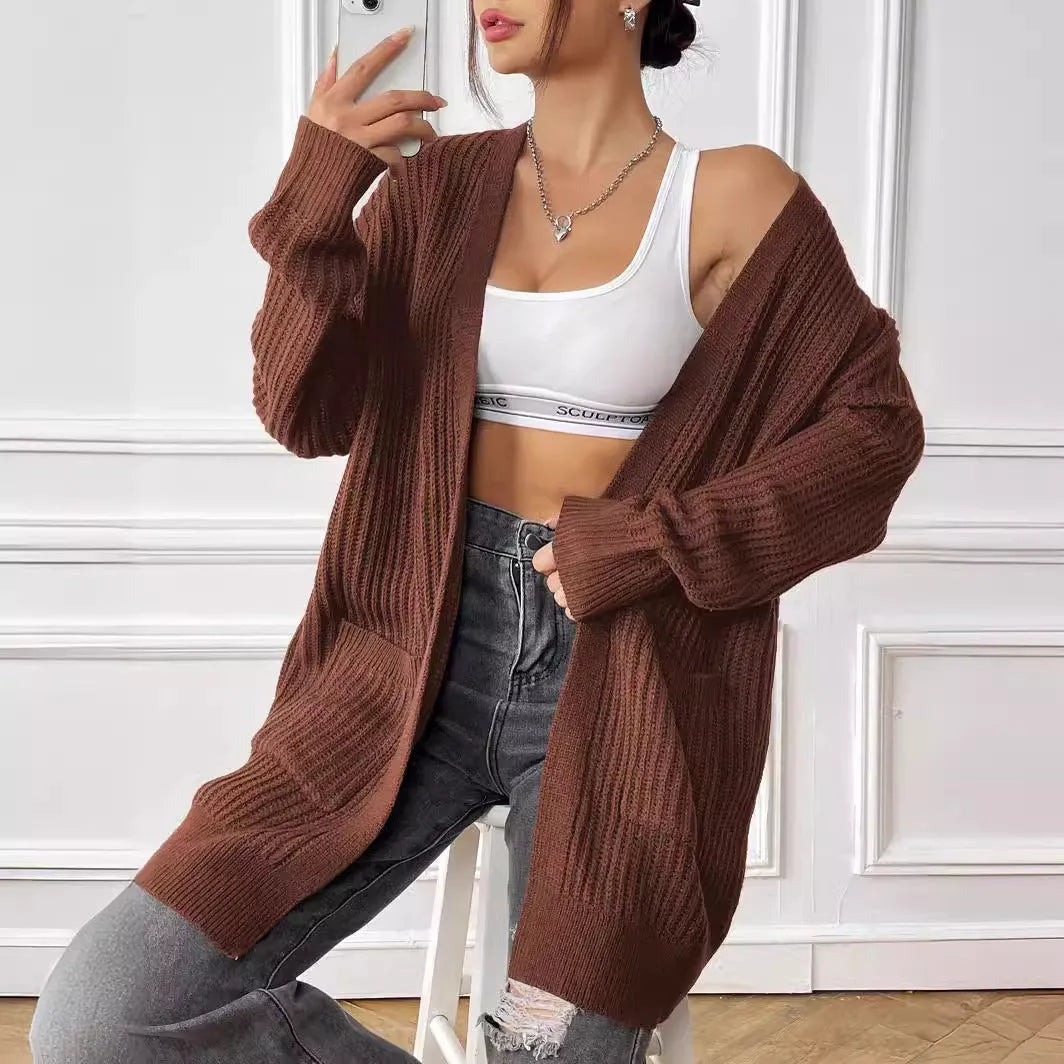 Women's double pocket acrylic cardigan in dark green colour with loose fit design