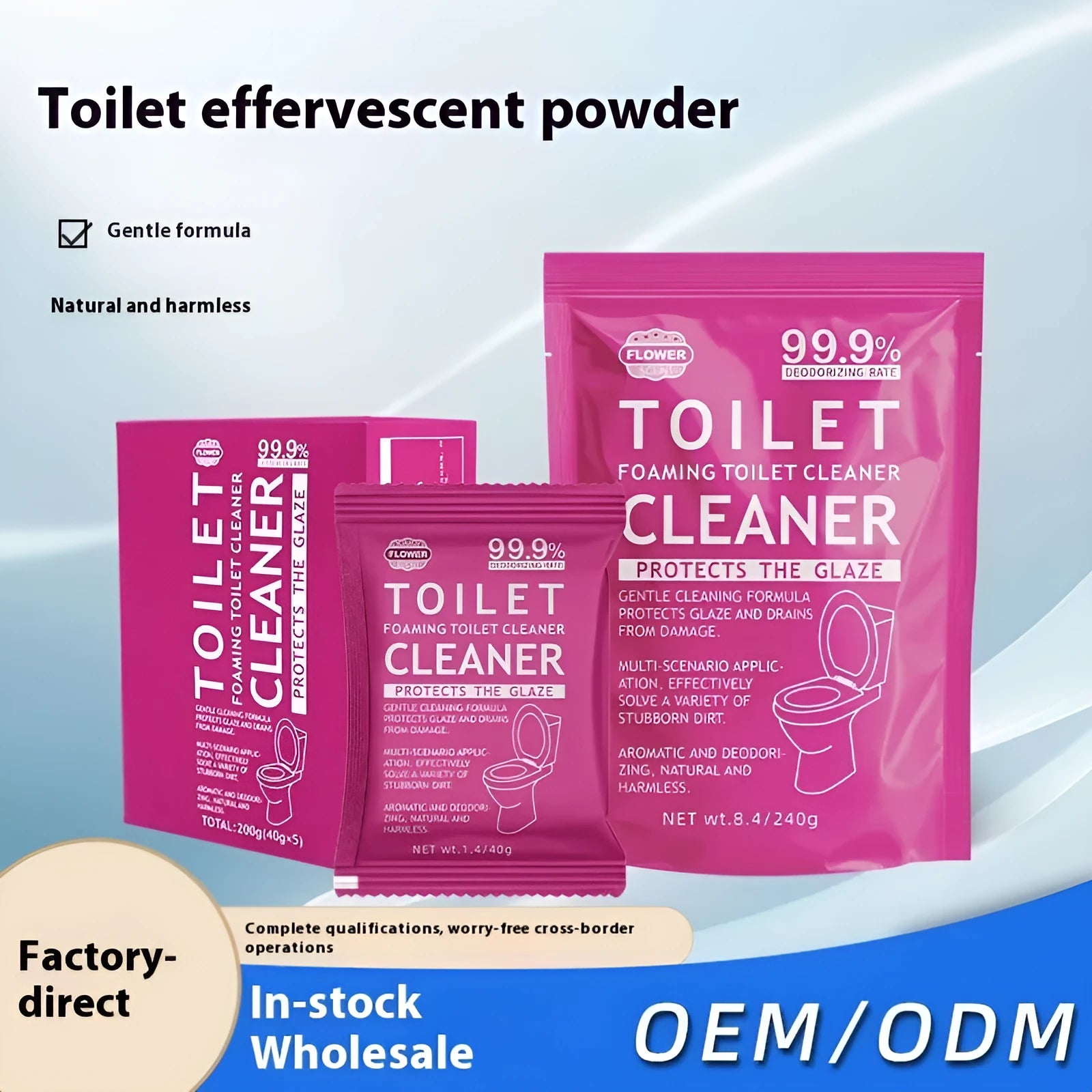 Toilet bubble powder descaler in blue ocean or pink floral fragrance, in 240g bag or 5x40g box.