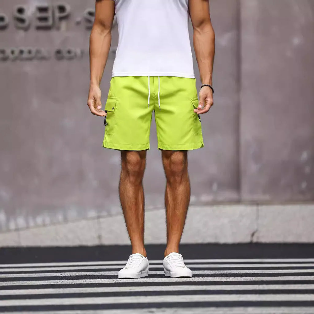 Men's loose straight cut workwear shorts in fluorescent green and army green colours