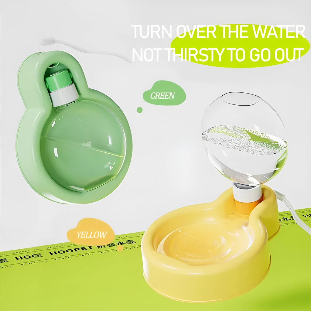Green 2-in-1 dog travel water bottle with pull-out drinking bowl, shown with size dimensions.