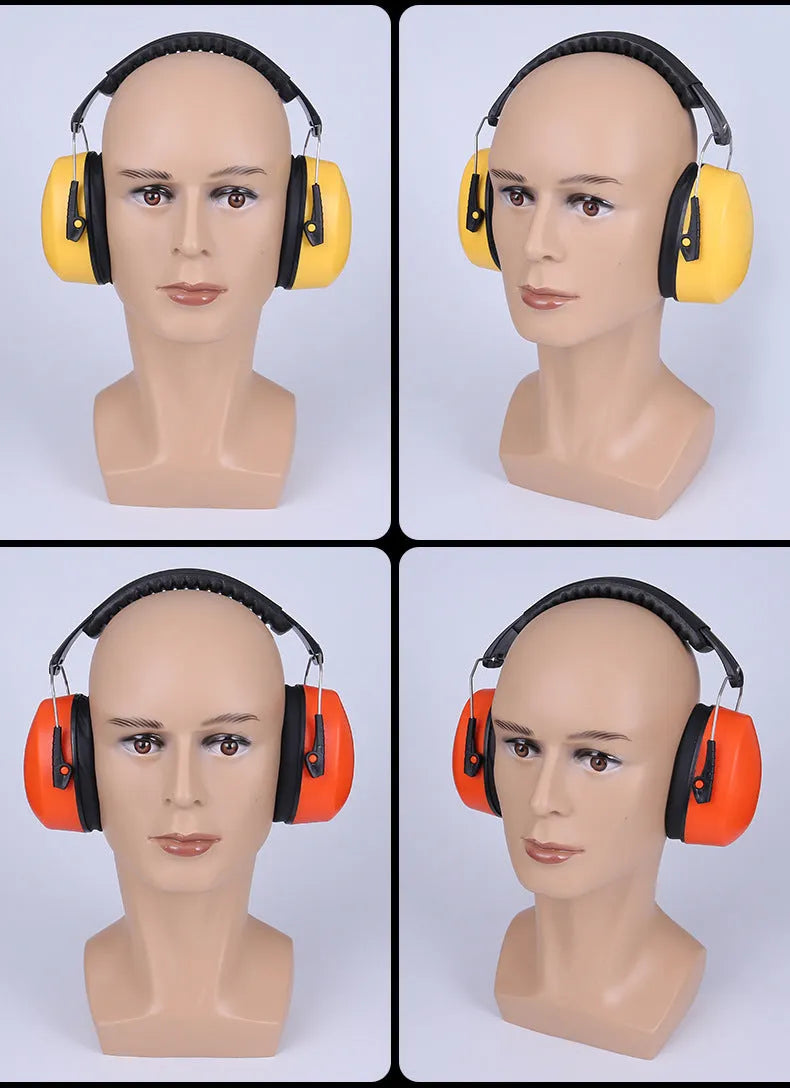 Orange head-mounted noise-reducing headphones with protective earmuffs and elastic adjustable headband