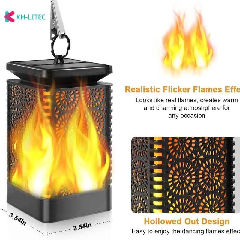 Black solar hanging flame torch light with LED flickering effect for outdoor garden decoration