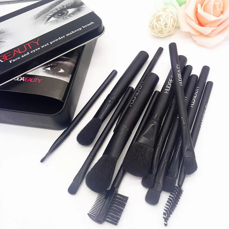 12-piece black makeup brush set in metal tin box with wooden handles and corrugated silk nylon bristles