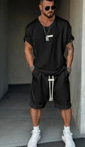 Men's hip hop style T-shirt and shorts set with letter printing in thin mesh polyester fabric