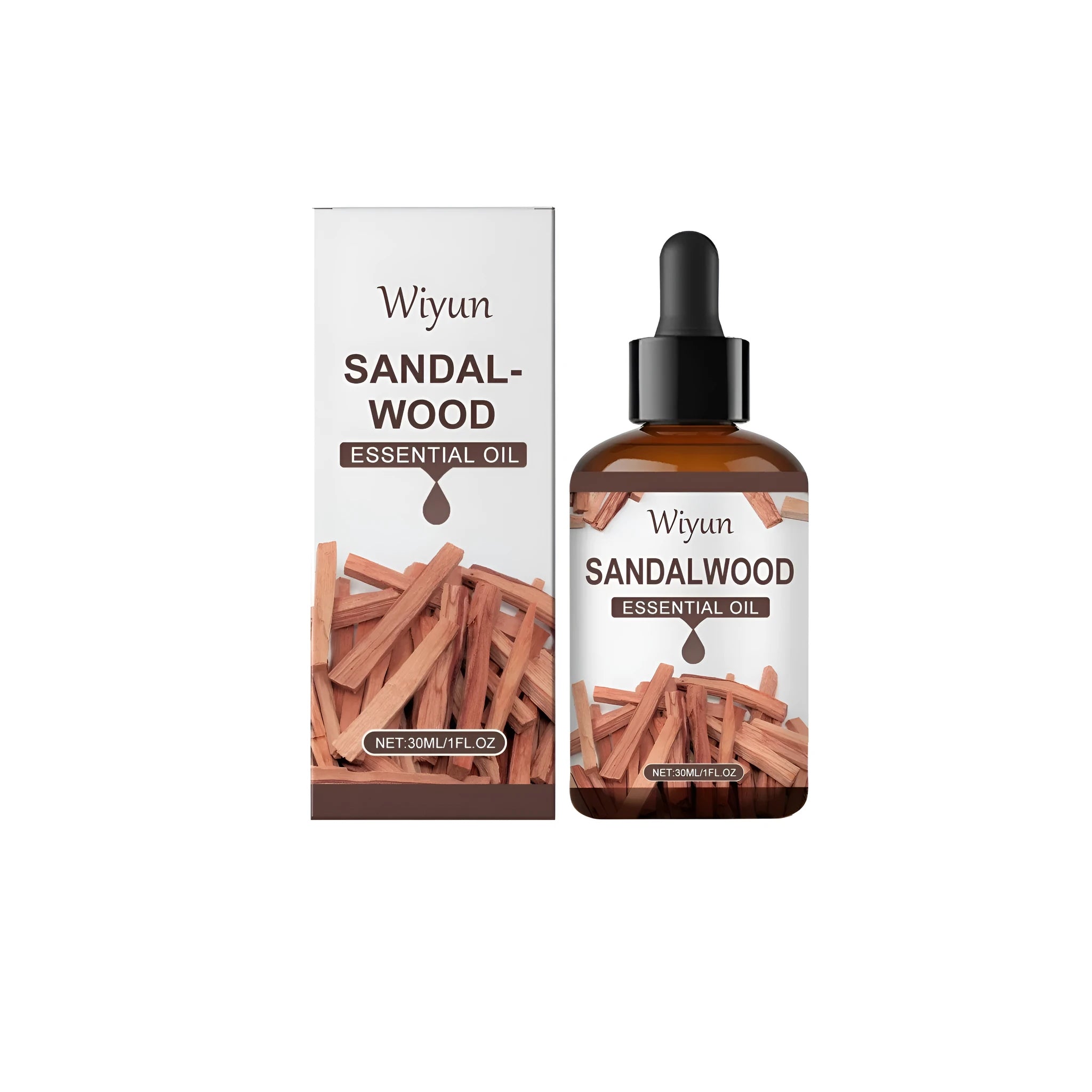 30ml glass bottle of sandalwood essential oil fragrance blend with glycerin and vitamin E