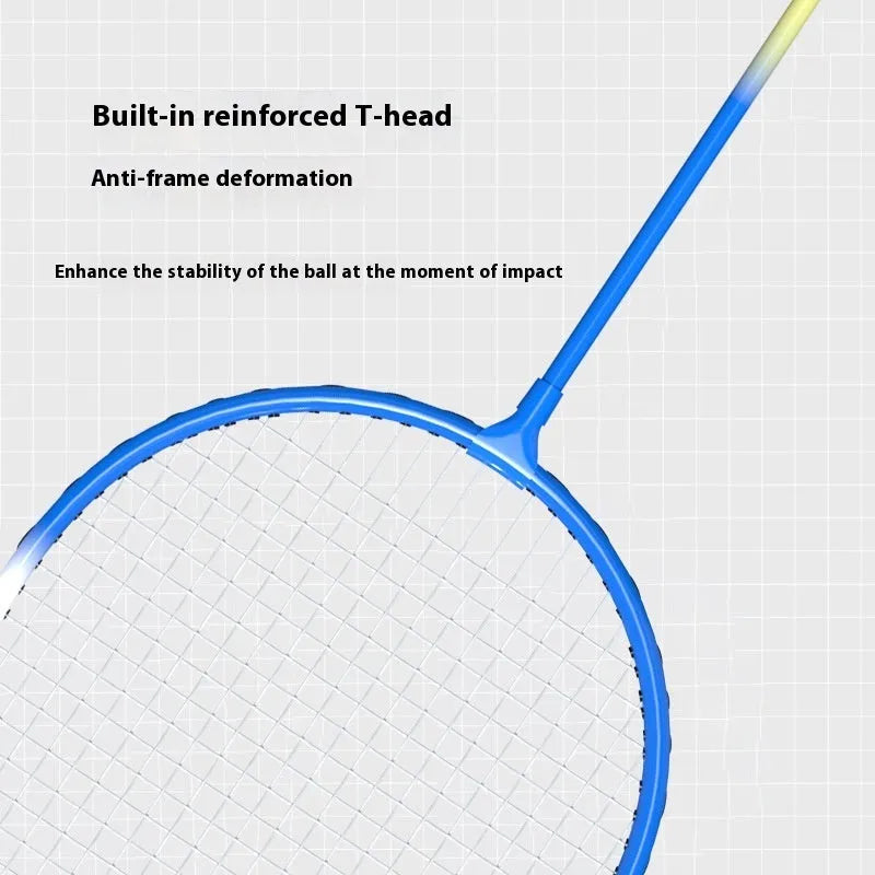 A pair of blue and red alloy ultra-light split badminton rackets laid flat.