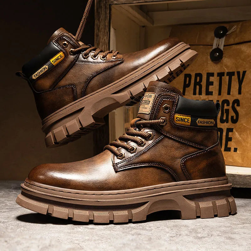 Men's brown round toe Martin boots with lace-up front and a stout heel on a rubber sole.