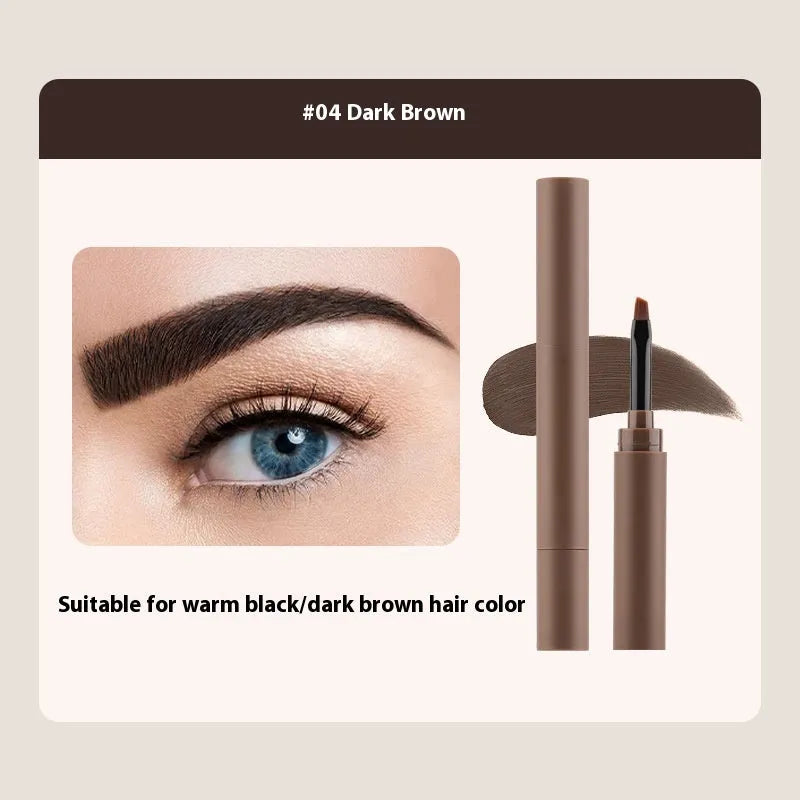 Double-headed eyebrow cream cosmetic product showing pencil and powder ends with five brown shade options