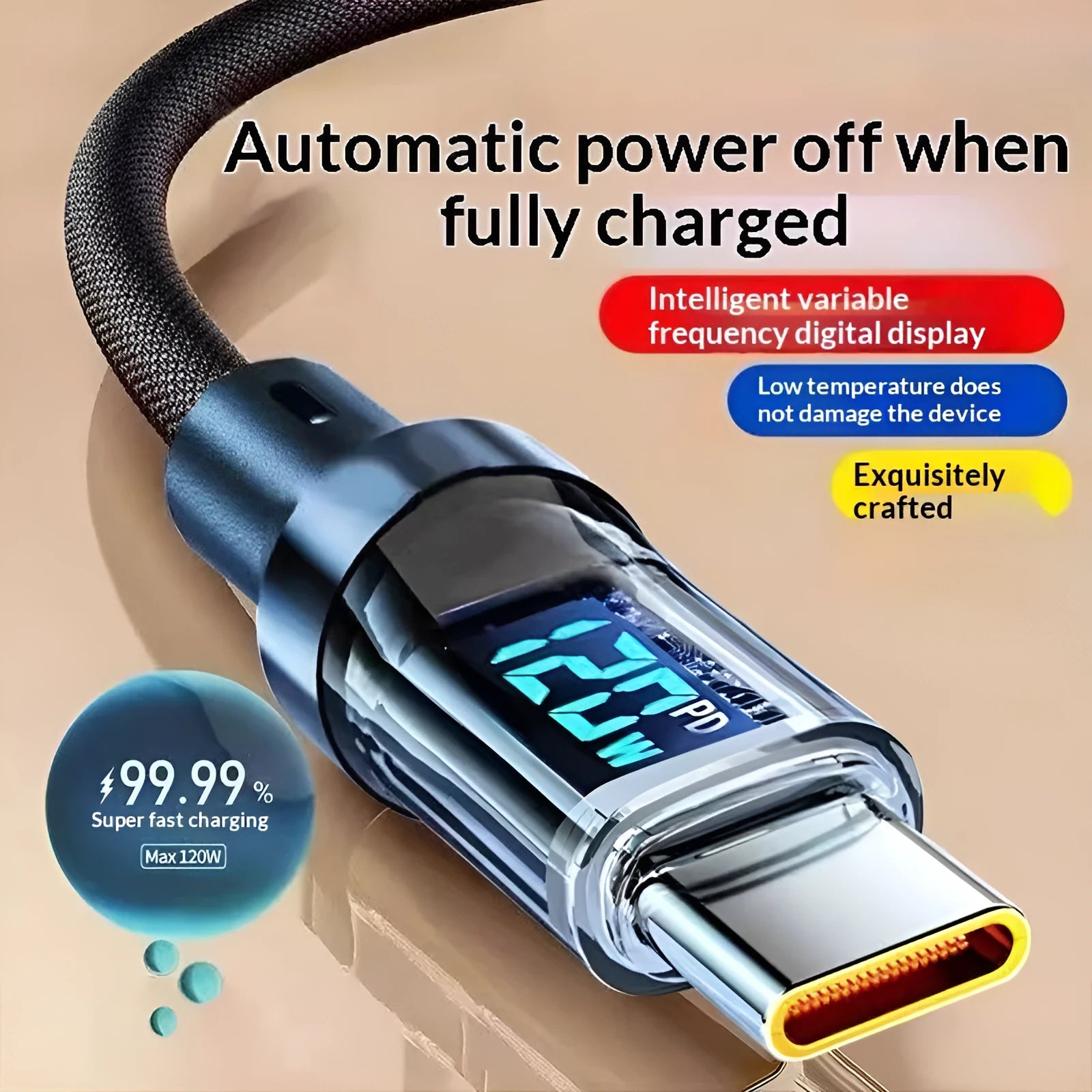 Black braided nylon Type-C cable with digital display showing charging wattage