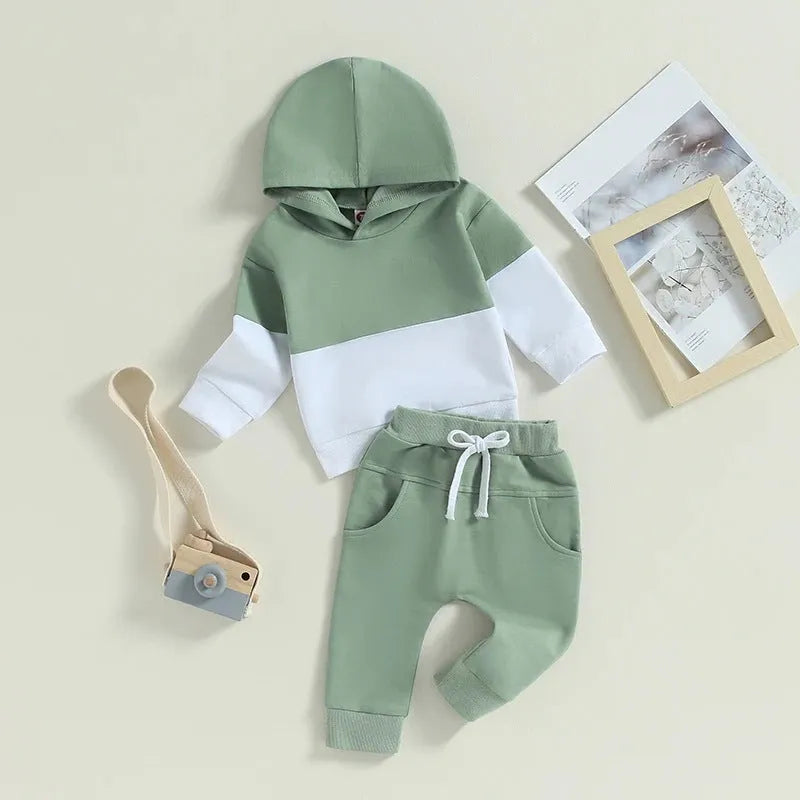 Children's hooded two-piece tracksuit in polyester with cartoon print, black, blue and green, sizes 70cm to 110cm