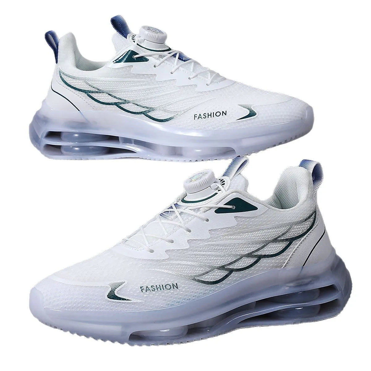 White men's casual shoes with rotating button closure and mesh upper