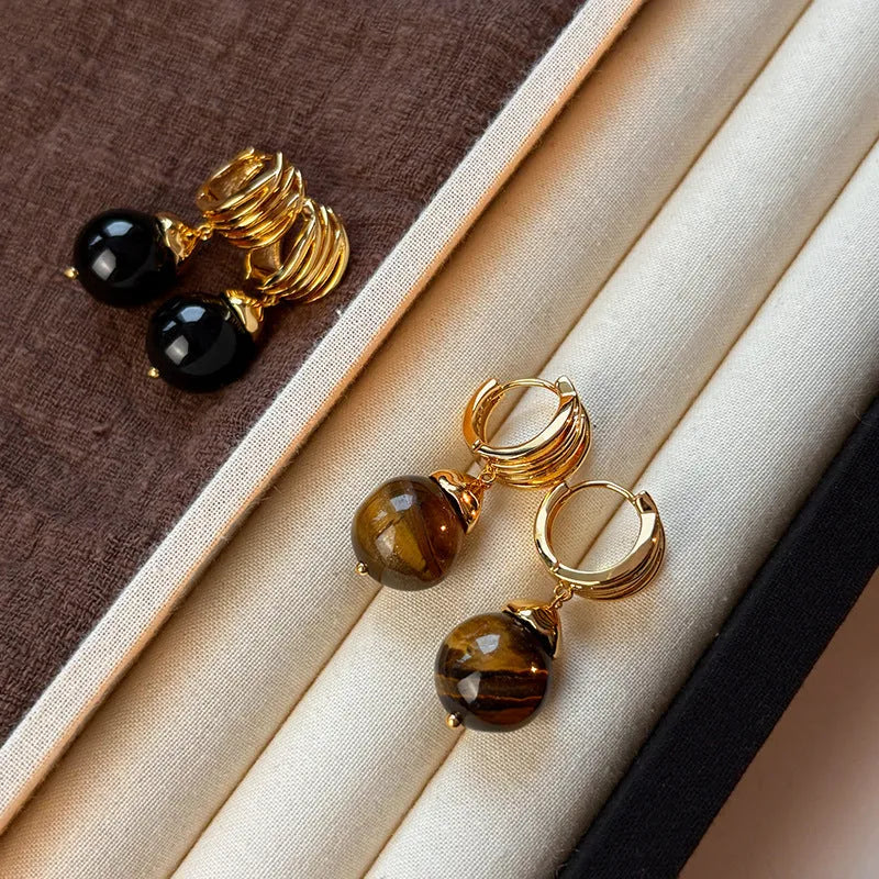 Maillard tigereye geometric earrings for women with gold plating in brown and black colours