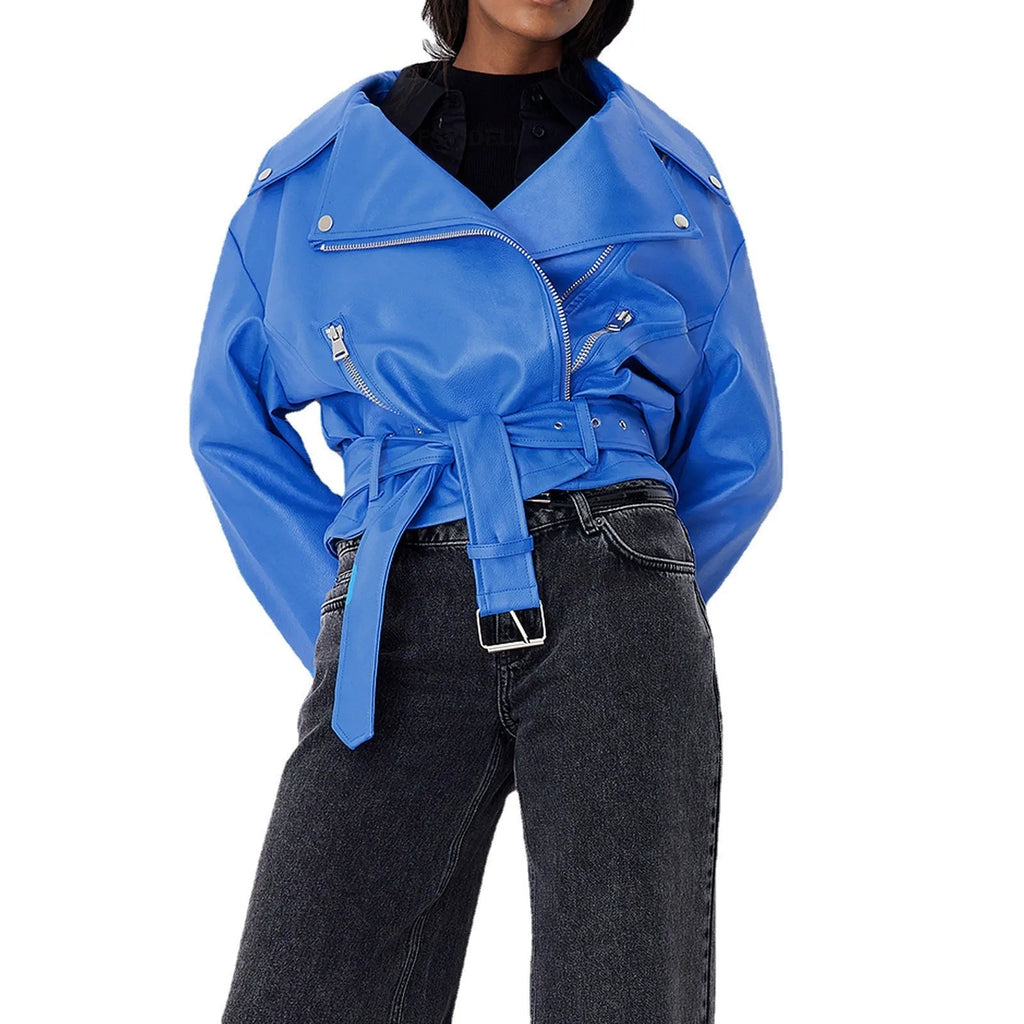 Punk short belt lapel jacket in leather-look polyester with a Peter Pan collar.