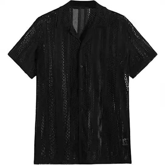 Men's black knitted short-sleeved button cardigan shirt with jacquard texture