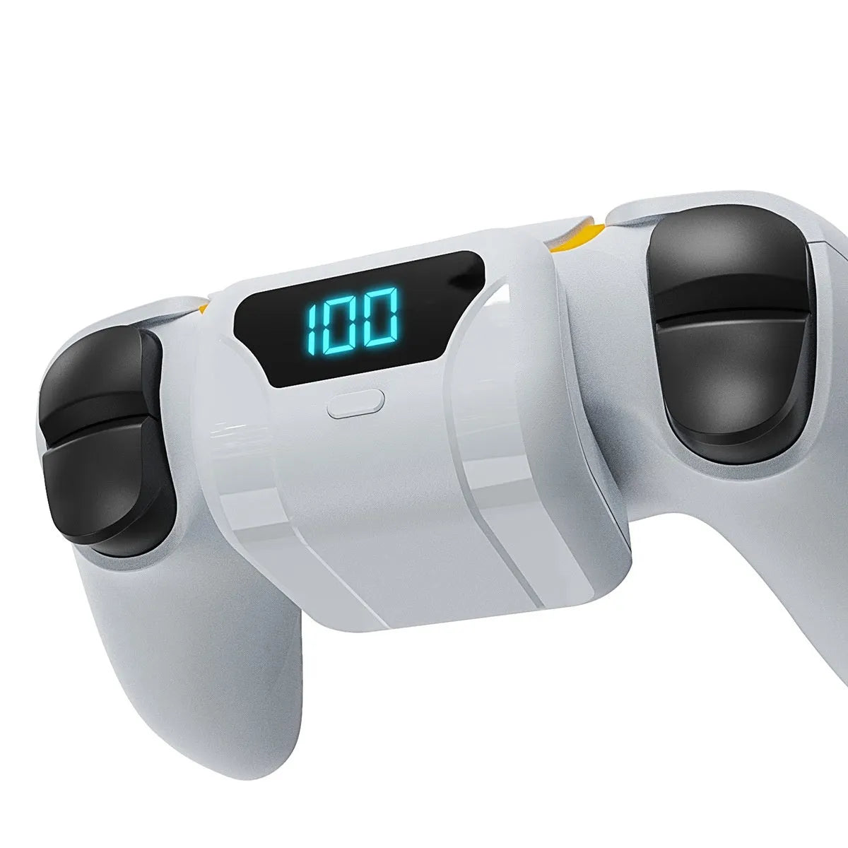 PS5 controller with white 1500mAh battery pack attached to back, LED display visible