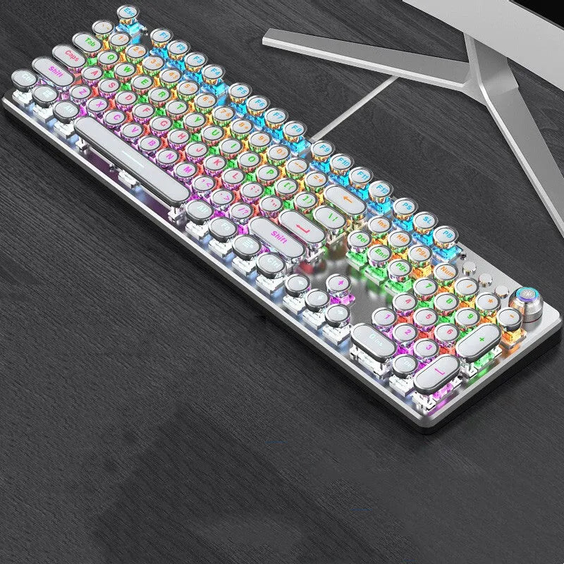 Retro punk electroplated knob mechanical keyboard with 104 keys, USB wired connection and seven-colour backlight in black or white