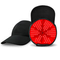 Black duckbill peaked cap with 180 LED light panels for infrared hair growth therapy