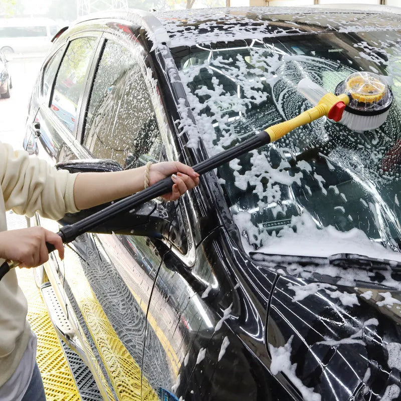 Yellow car wash mop cleaning tool with chenille brush head and hydraulic pressure system