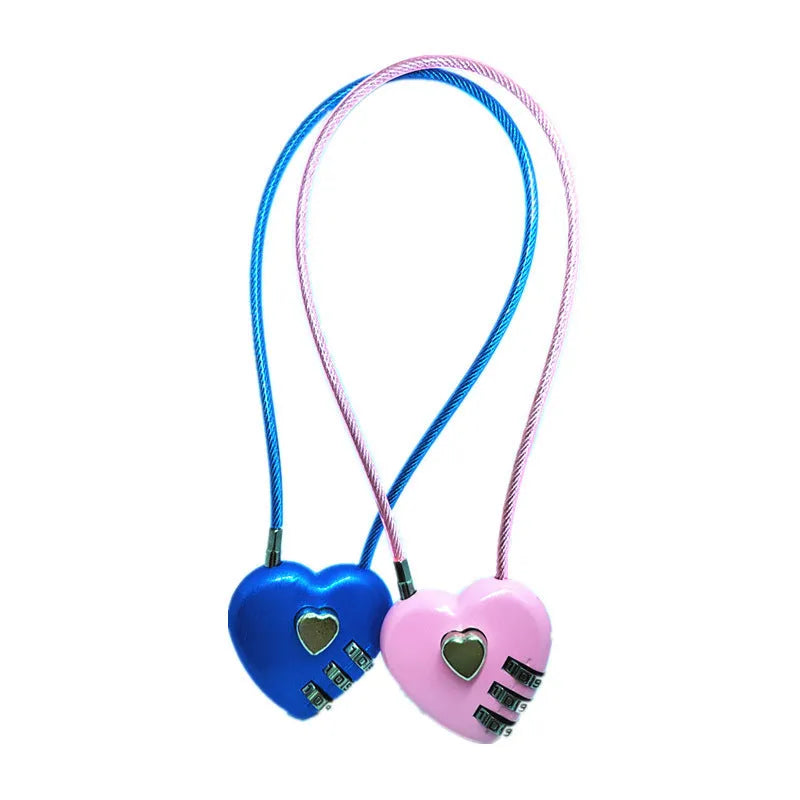 Peach heart shaped ABS plastic cable lock with steel rope, shown in multiple colour options for bicycle helmets.