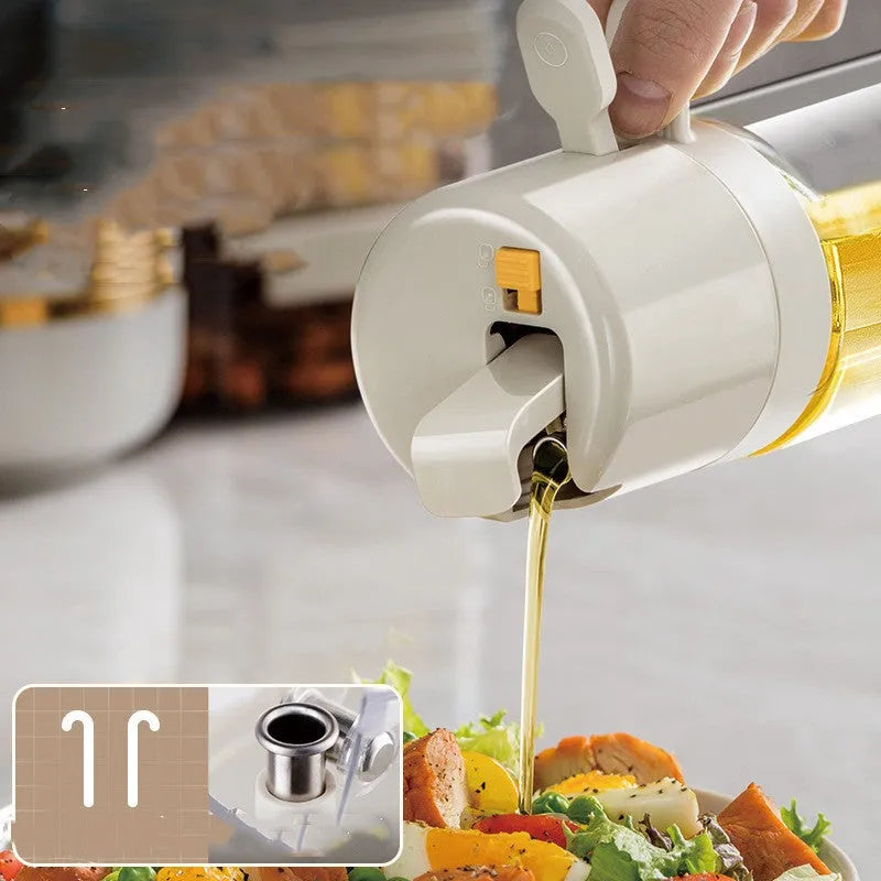 2-in-1 oil sprayer bottle with automatic opening and dual spray pour modes, 550ml soda-lime glass, in warm gray
