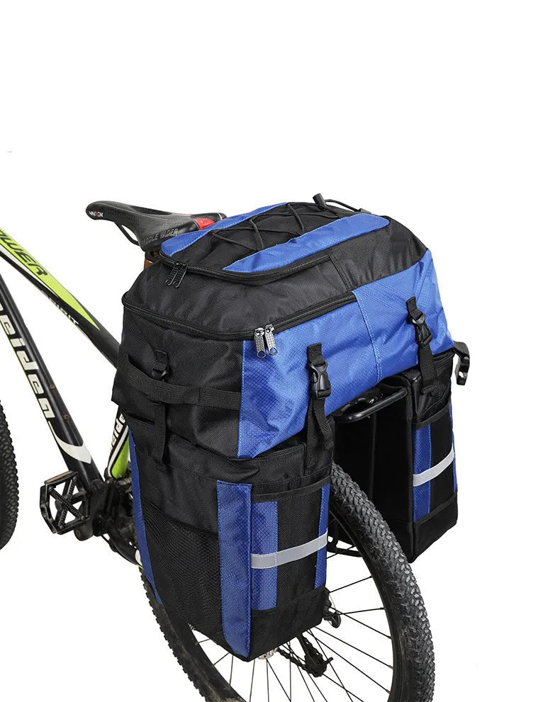 Rhinoceros bicycle rear storage bag with 70L capacity in green colour mounted on bicycle frame
