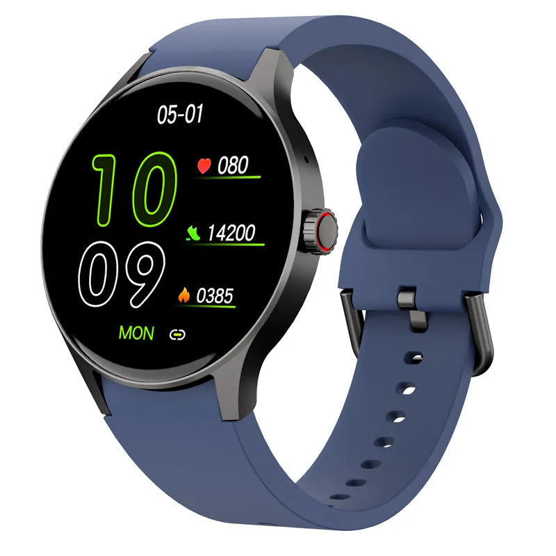 Black Bluetooth smart sport watch with round touch screen on a wrist, showing IP68 waterproof rating and magnetic charger.