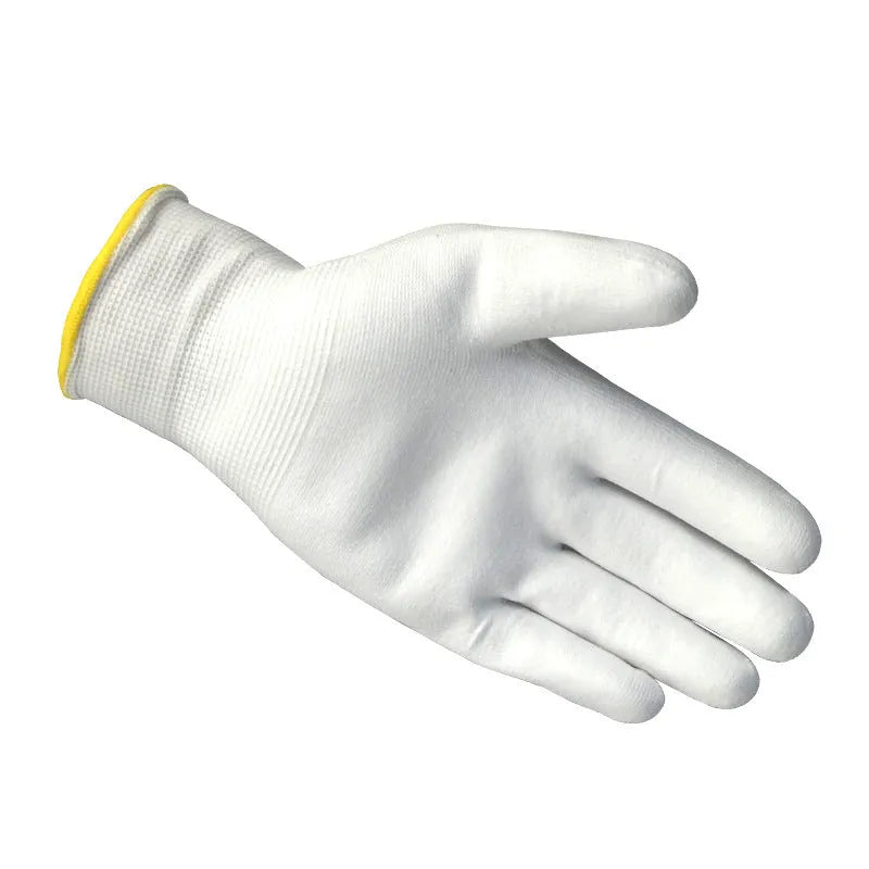 White PU coated work gloves showing flexible material and extended 24 cm cuff length.