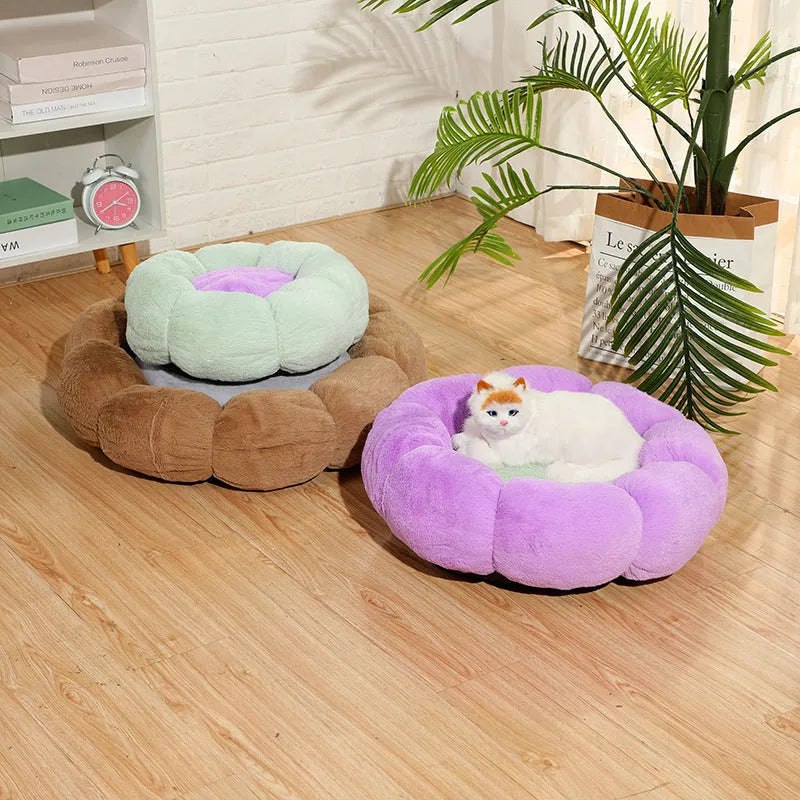 Round plus velvet pet nest in grey, 40cm outer diameter, 14cm height, soft anti-drop edge for cats