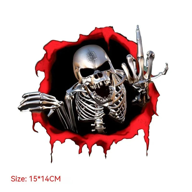 Colourful broken shell pattern reflective car sticker with metal skull design measuring 15cm by 14cm