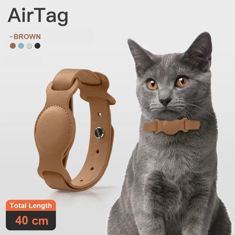 Leather pet collar case for AirTag, adjustable 40-77cm, fog blue colour, on a light background