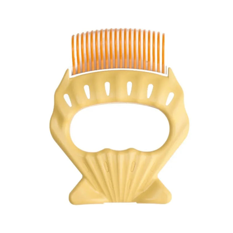 Shell-shaped plastic pet grooming brush with bent wire bristles and anti-slip handle in green colour