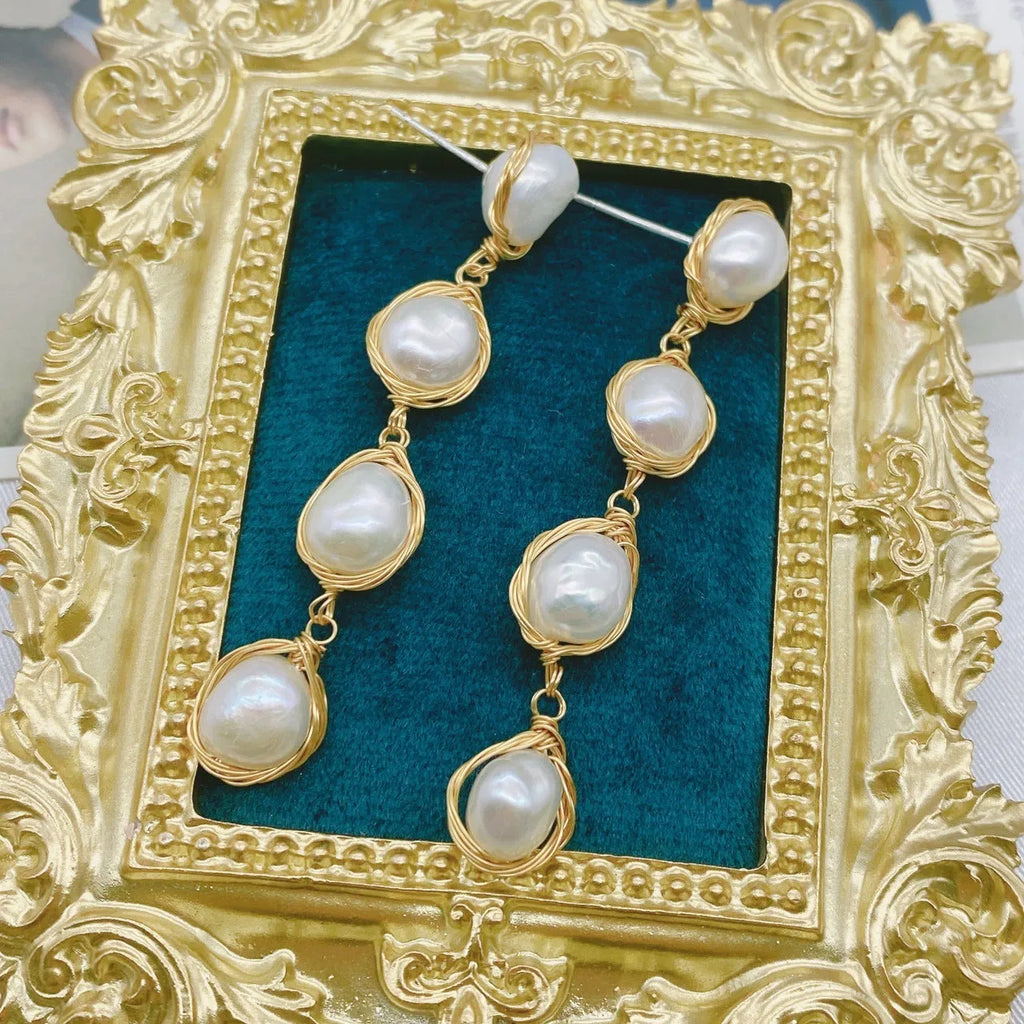 Handmade natural pearl drop earrings with tassel detailing in white colour for women