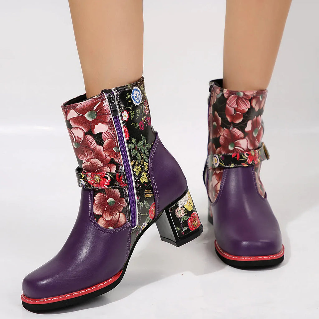 Women's printed stitching round head thick bottom bootie in artificial PU with rubber sole