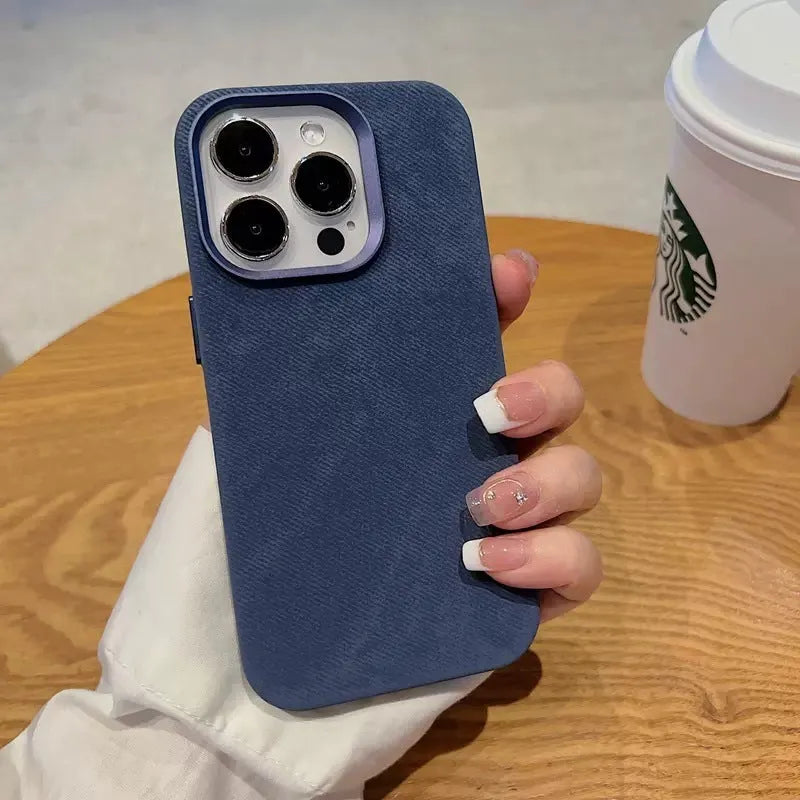 Silver grey magnetic leather iPhone case with velvet material showing magnetic back