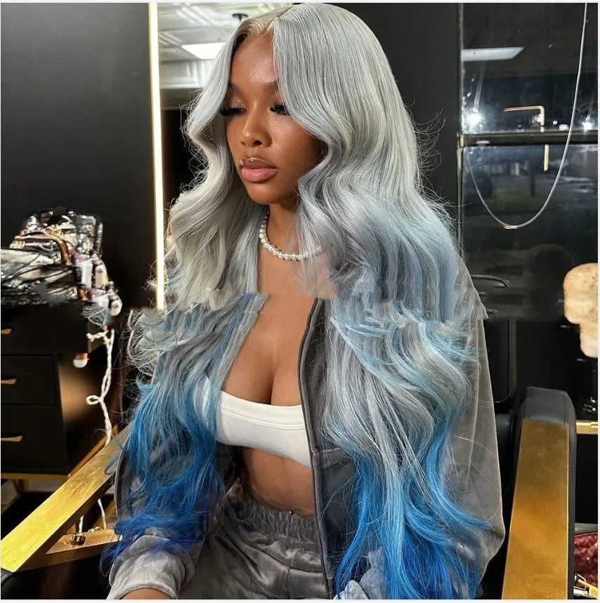 Grey-blue gradient human hair wig with Swiss lace front on display stand