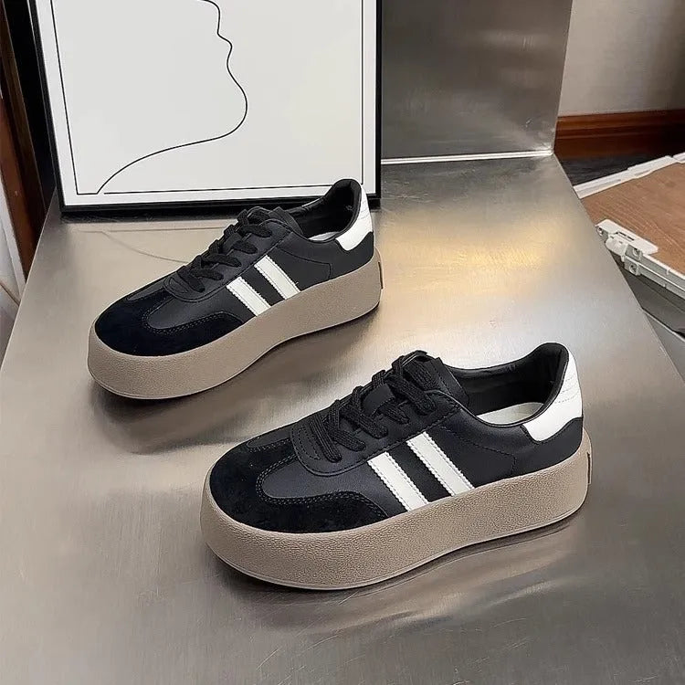 Women's vintage distressed leather sneakers with round toe and lace-up design in beige and black colour options