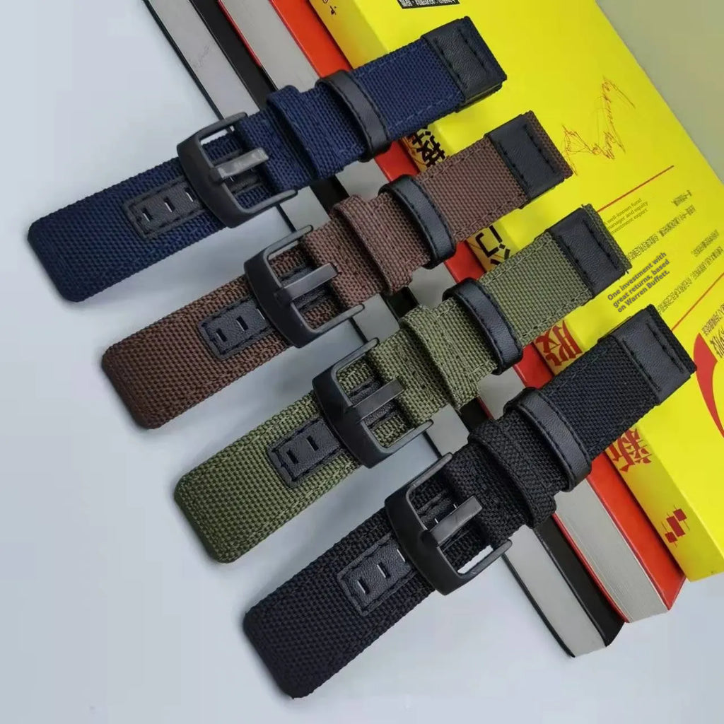 Oxford cloth watch strap shown in multiple colours including camouflage, with sizing options for 20mm, 22mm, and 24mm widths.