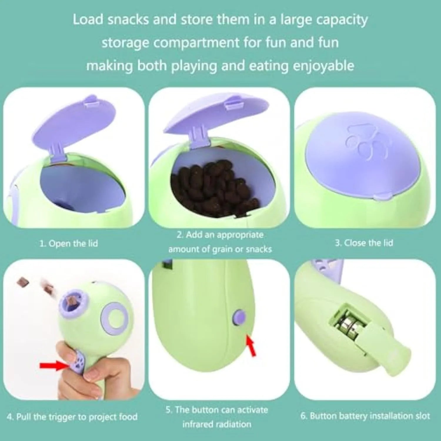 Green dog treat launcher toy for remote feeding and training with plastic construction